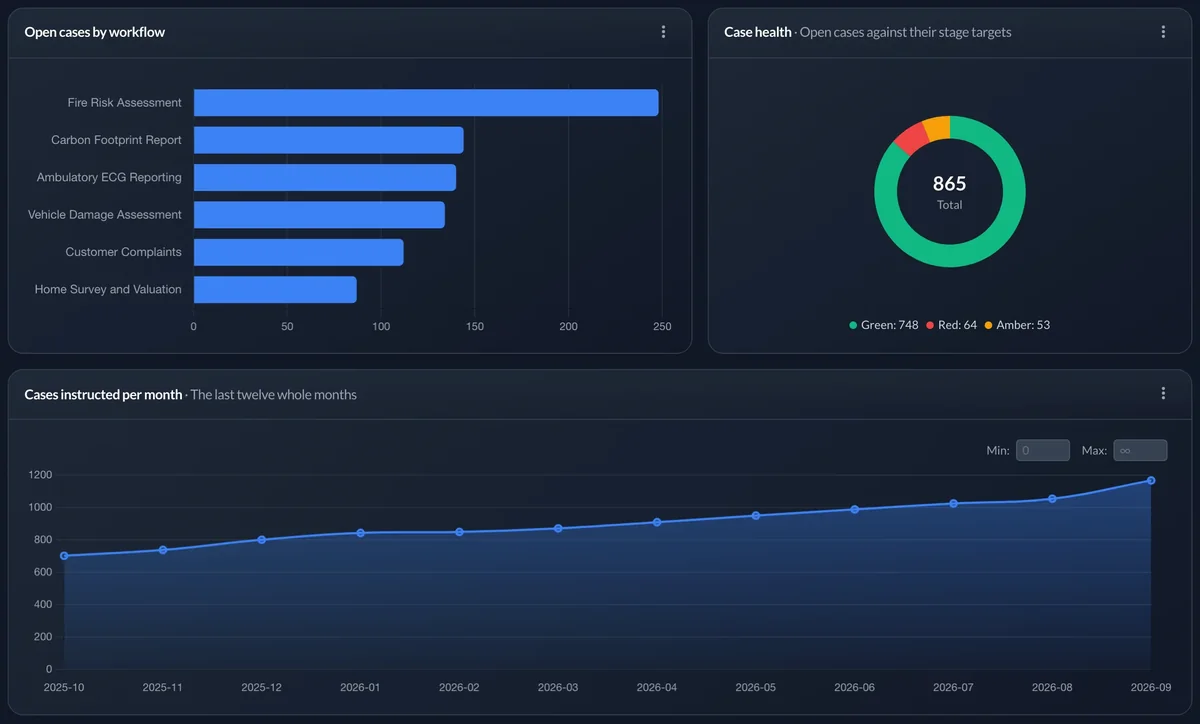Analytics in SwiftCase: open cases by workflow, a ring showing most cases on target, and new instructions rising month by month.